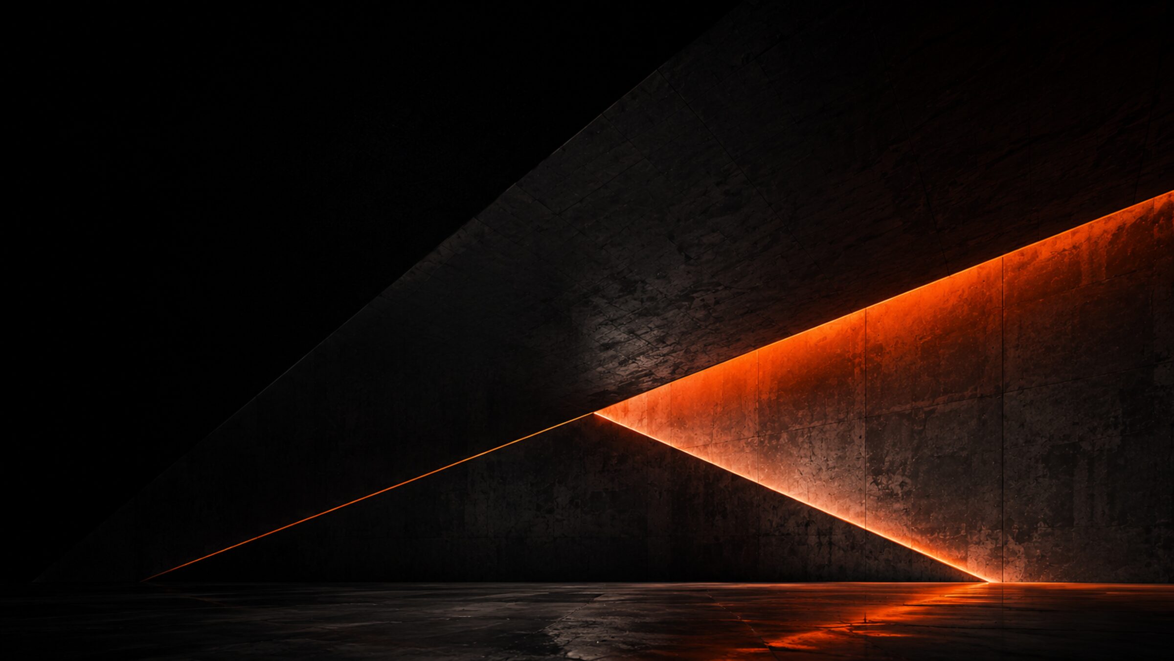 Concrete architecture cut by a diagonal ember-orange seam of light