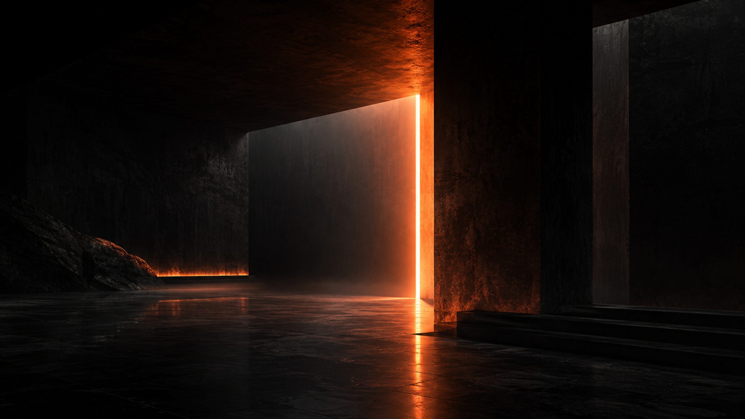 Dark brutalist chamber split by a vertical ember-orange light